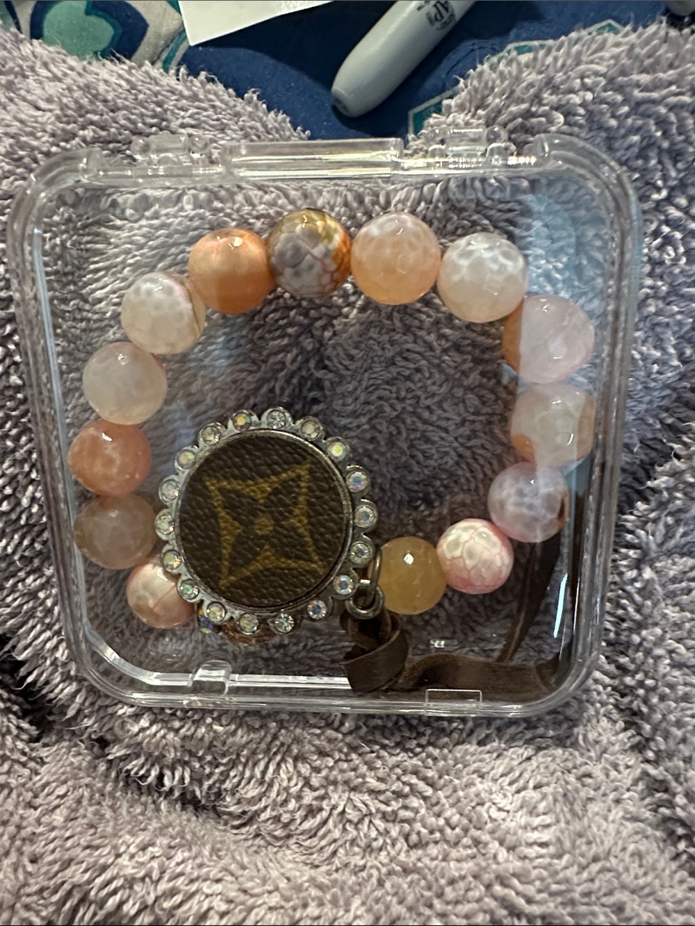 Pink Beaded Stretch Bracelet with Pendant Charm. Upcycled